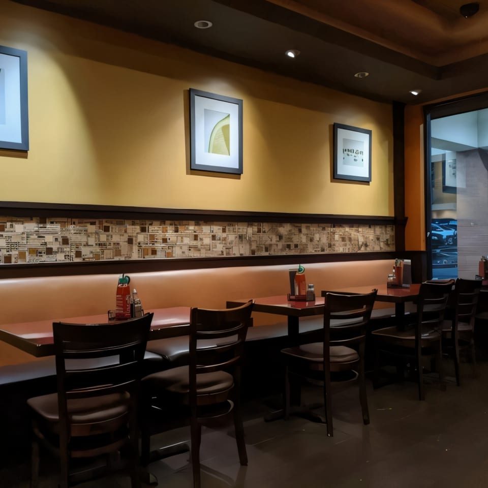 Interior of Pho & Grill with booths, tables, chairs, and framed art on mustard yellow walls.